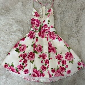 White & Pink Floral Dress With Lace Back Detail
